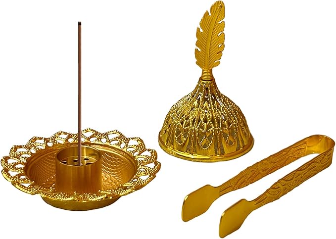 Majewel 3 in 1 Incense Holder, Vintage Incense Holders for Sticks with 9 Holes, Incense Burner Ash Catcher, Brass Incense Stick and Cone Burner for Meditation, Yoga, Home Decor (Feather)