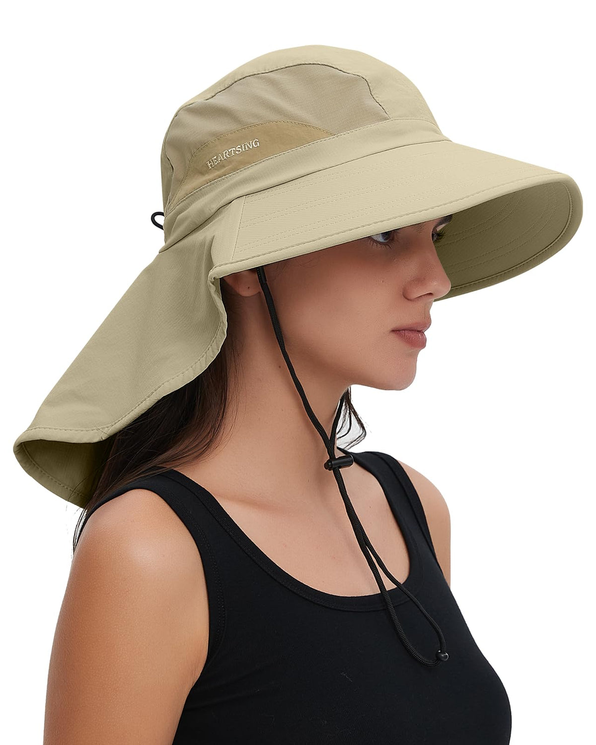 HEARTSING Sun Hat Outdoor with Large-Area Neck Flap, UV Protection Quick-Dry Breathable Fishing Hat for Hiking Garden Khaki