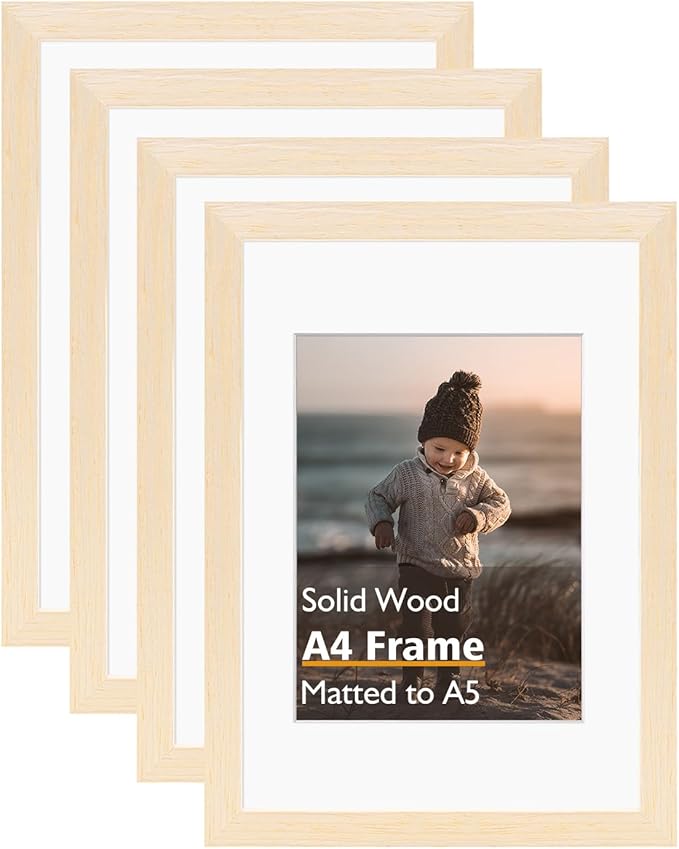 KINLINK A4 Picture Frame, White Oak Solid Wood Frames with Acrylic Plexiglass for Pictures A5 with Mat or A4 without Mat, Tabletop and Wall Display Photo Frame 4 Pack