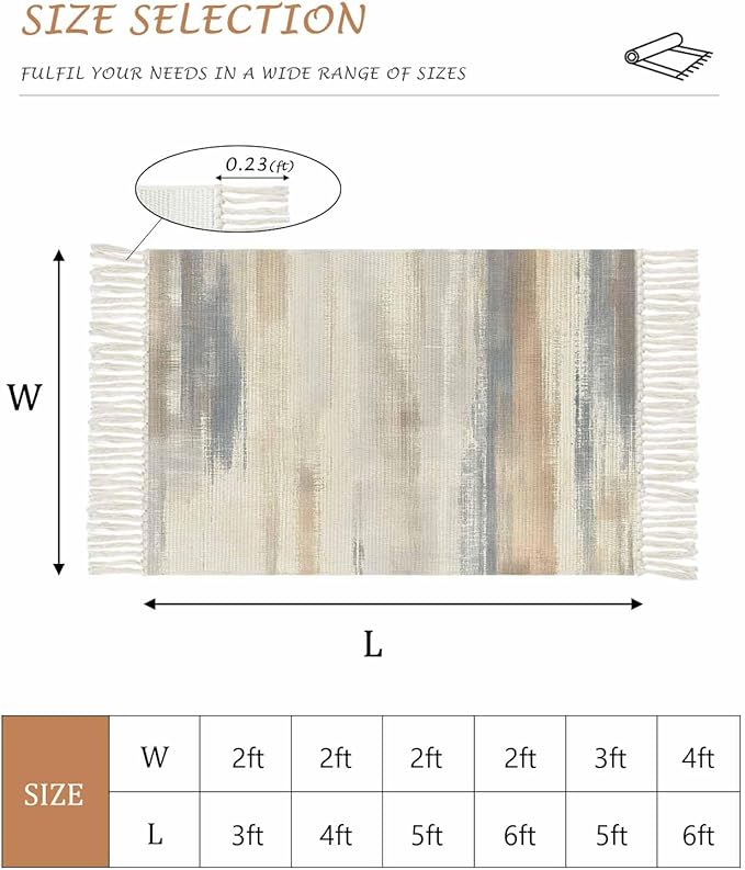 Beige Gray Brown Runner Rug 3X5 Ft Bedroom Area Rug, Washable Woven Abstract Ombre Art Throw Carpet with Tassel, Non-Shedding Vintage Minimalist Gradient Aesthetic Dining Room Living Room Carpets