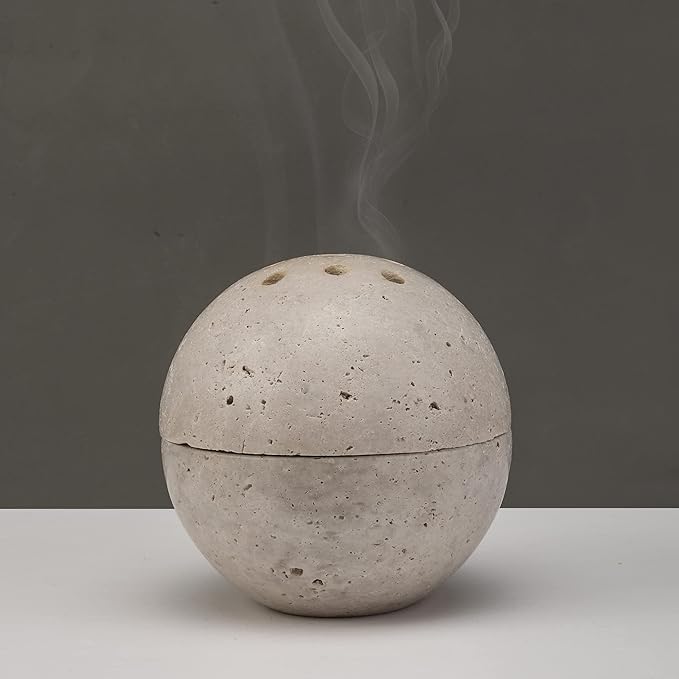 Natural Travertine Round Incense Cone Holder, Minimalist Sphere Incense Burner for Cones, Home Decorations 3.94in (Gray)