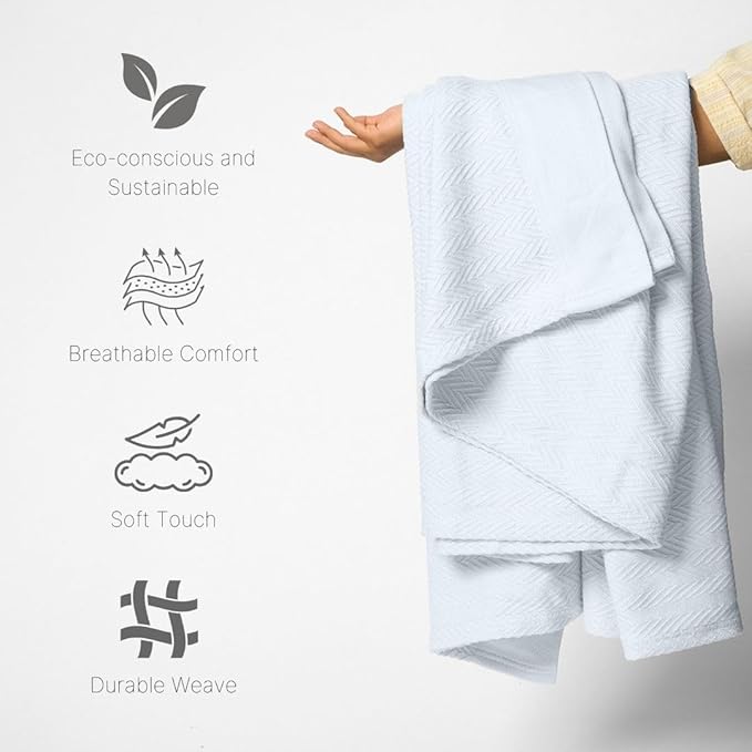 100% Cotton Herringbone Weave Blankets, 108"X90" King,Throw Blanket for Bed,All Season Cotton Blanket, Cozy Blanket,Throws Bed Blanket, Throw Blanket for Couch,Modern Home Decor -Light Blue