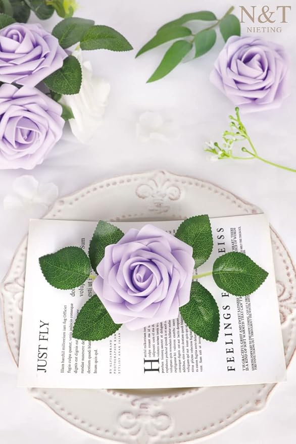 N&T NIETING Artificial Flowers, 50pcs Lavender Fake Rose Flowers with Stem for DIY Wedding Bouquets Centerpieces Arrangements Party Baby Shower Home Decorations