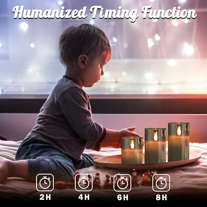 Rechargeable Flameless Candle, Flashing LED Pillar Real Wax Candle with Remote Control and Timer, Upgraded Teardrop Wick, Gray Electronic Candle, 1 Set of 3