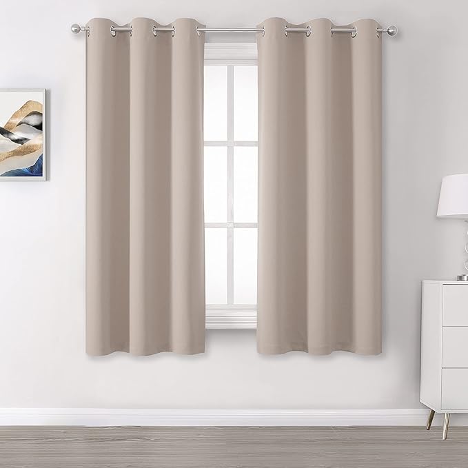 DUALIFE 54 Inch Taupe Blackout Curtains for Bedroom Short Windows Solid Blackout Curtain Panels Thermal Insulated Grommet Top Room Darkening Curtains for Bedroom 38 x 54 Inch Length Light Brown