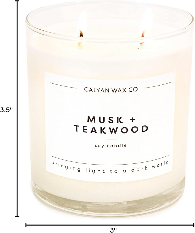 Calyan Wax Co. Musk & Teakwood 2 Wick Scented Candle - 37 Hour Burn - Luxury Non Toxic Soy Wax Candles - Long Lasting Large Glass Jar Candle for Home - 8.8oz