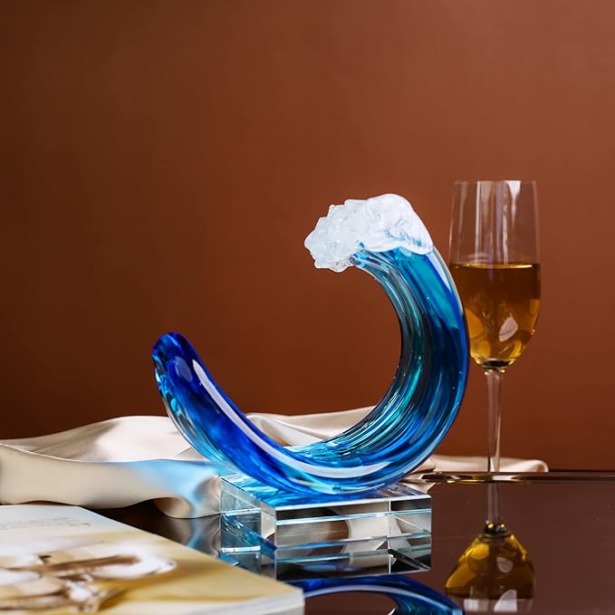 Yao Yuan Hand-Blown Glass Wave Decor Murano-Style Glass Statue and Figurine