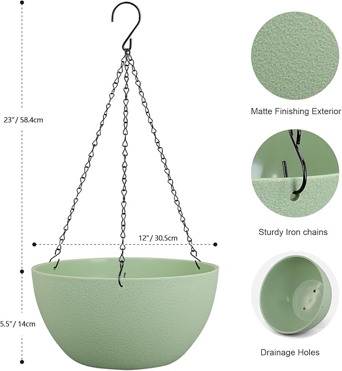 12 inch Large Hanging Planters Plant Pots for Indoor Outdoor Plants, 2 Pack Hanging Flower Pots with Drainage Holes and Chain for Garden Porch, Plastic Hanging Baskets for House Plants, Green