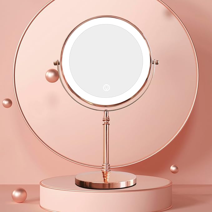 Nicesail 1X/10X Magnifying Mirror with 3 Color Dimmable Lighting, Makeup Mirrors Light up and Magnified with 360 Rotation for Table, Rose Gold(8 Inch, 10X Magnification)