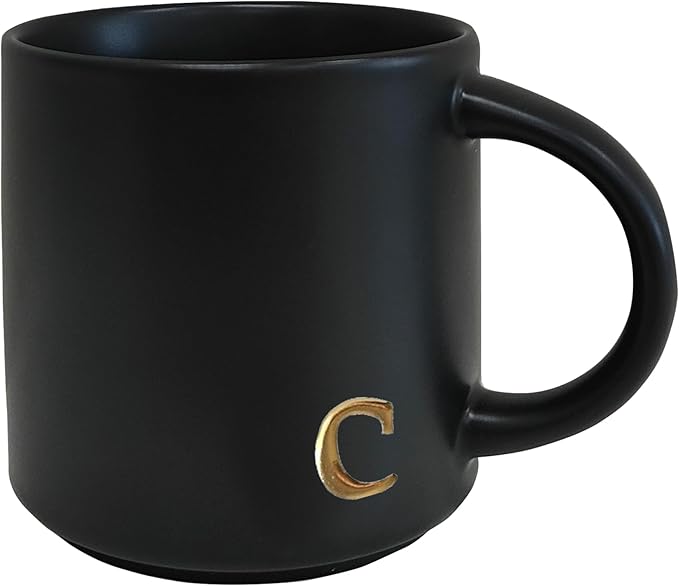 COLLECTIVE HOME - Black Monogram Ceramic Mugs, 15 oz Golden Initial Coffee Cups, Elegant Alphabet Tea Mugs, Personalized Halloween Mug with Gift Box, Perfect for Office and Home Décor (c)