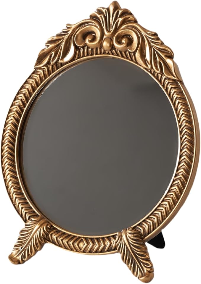 Small Round Gold Vintage Vanity Mirror – 9.5" x 12.5" Small Baroque Desktop Mirror, Antique Freestanding Dressing Table Mirror for Bedroom, Living Room, and Countertop Décor