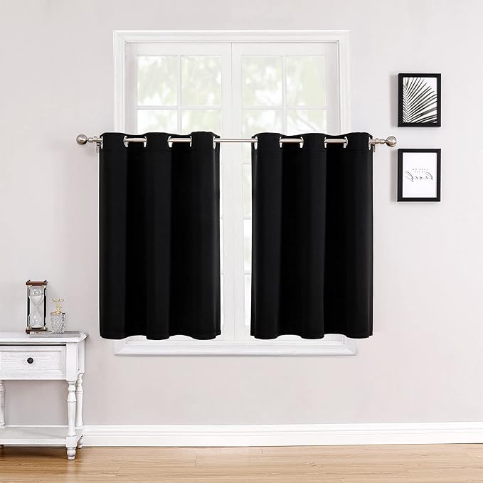 ChrisDowa Small Window Curtains for Kitchen and Bedroom - Grommet Short Thermal Insulated Room Darkening Curtains (2 Panels, Black, 52 x 36 Inch)