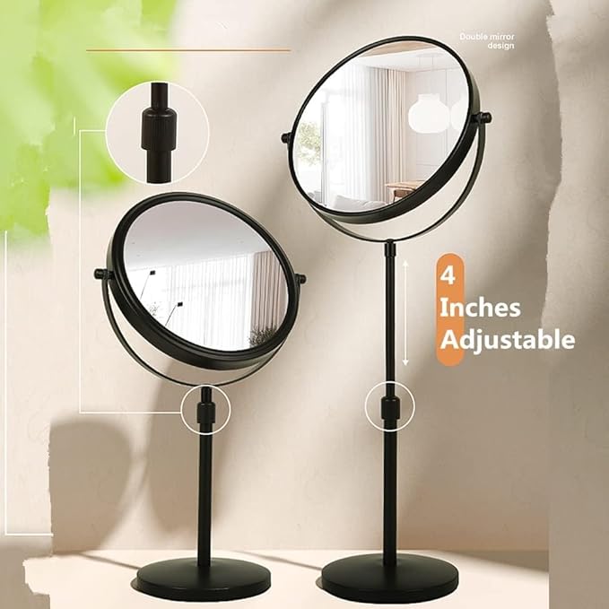 Height Adjustable Makeup Mirror 8 Inch Double-Sided 7X Magnification, Black Magnifying Makeup Mirror Round Tabletop Mirror Tall, Countertop Standing Cosmetics Black Finish