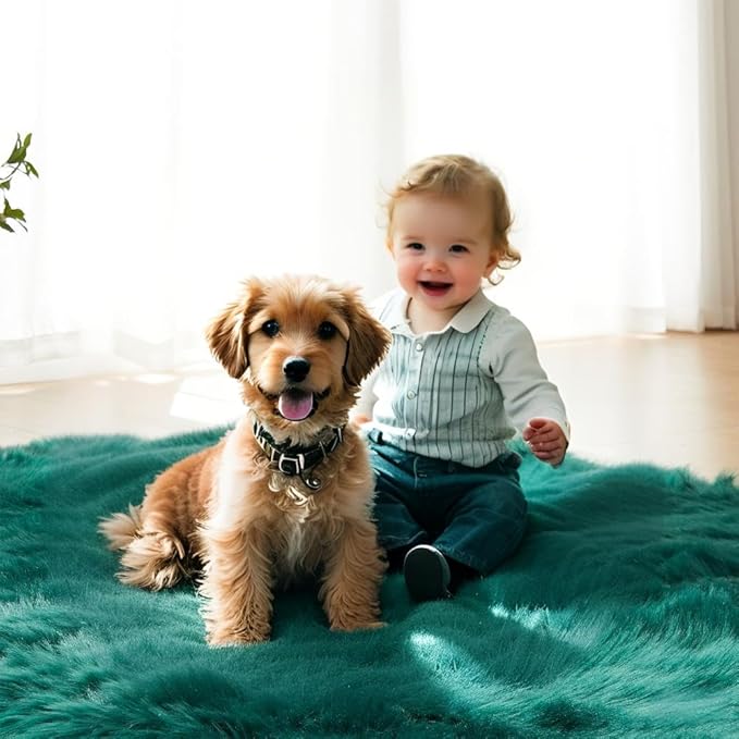 AMTOVO Faux Fur Sheepskin Rug for Living Room, 4 x 6 ft Dark Green Fluffy Area Rug for Bedroom, Playroom, Luxury Room Decor, Rectangle