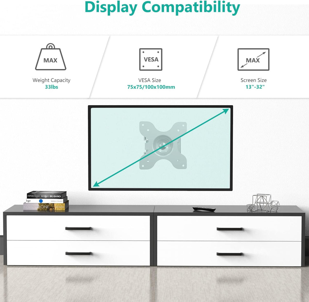 WALI 15 inch 13 32 inch 100x100mm (1330LM-W), TV Wall Mount Articulating LCD Monitor Full Motion Extension Arm Tilt
