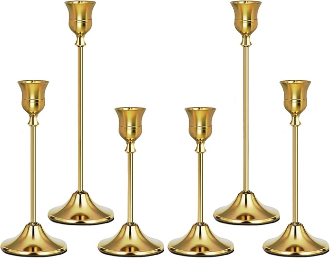 Gold Candlestick Holders Set of 6, Weighted, Metal Taper Candle Stick Holders, Vintage Christmas Brass Home Decor for Table, Mantel, Room Decorations Housewarming Gift Gold-6