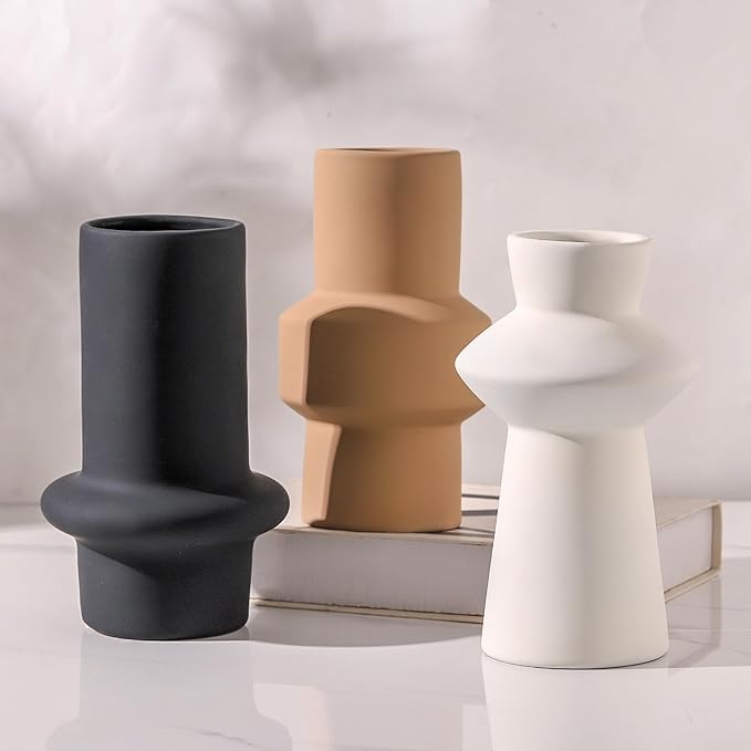 Modern Ceramic Vase Set of 3, 8 inch Simple Geometric Lines Vase for Pampas Grass Dried Fresh Flowers, Home Decor, Bedroom, Living Room, Bookshelf Decoration, Neutral Minimalist Nordic Style