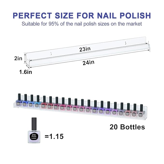FEMELI 24 Inch Nail Polish Wall Rack: 6 Shelves Clear Acrylic Nail Polish Holder Organizer for 130-180 Bottles (24 Inch, Clear)