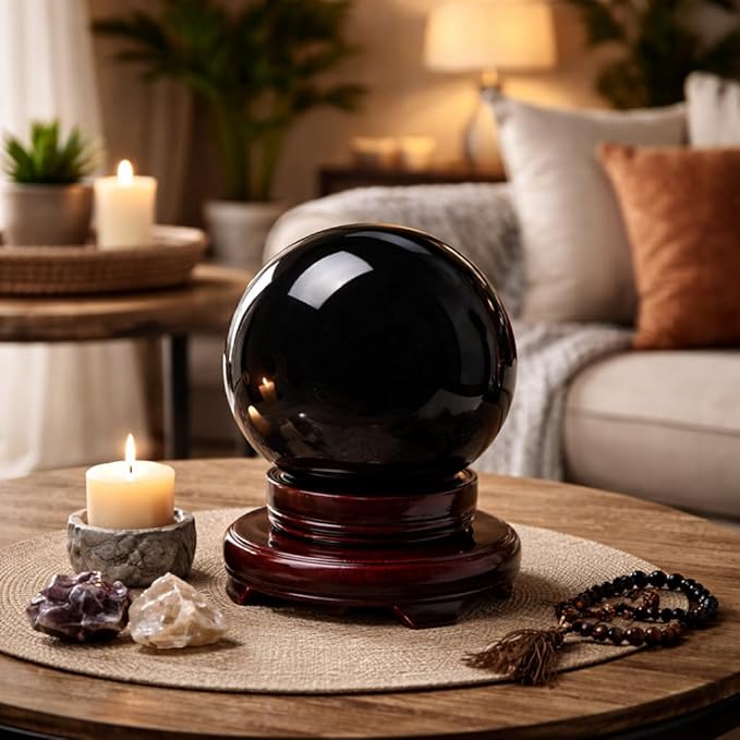 Mina Heal Large Black Obsidian Sphere for Meditation, Feng Shui, Protection, and Crystal Healing – Rare Handcrafted Large Obsidian Crystal Ball (140mm Diameter)