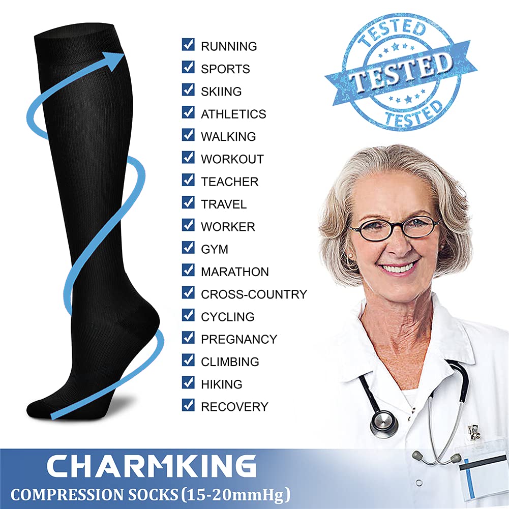 CHARMKING Compression Socks for Women & Men (8 Pairs) 15-20 mmHg Graduated Copper Support Calf Socks are Best for Pregnant, Nurses - Boost Performance, Circulation, Knee High Wide Calf(L/XL, Multi 01)