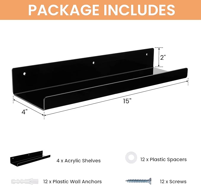 upsimples Acrylic Shelves for Wall Decor, 15" Display Shelf Perfume Organizer for Bathroom, Bedroom, Living Room, Floating Bookshelves for Kids, Black, 4 Pack