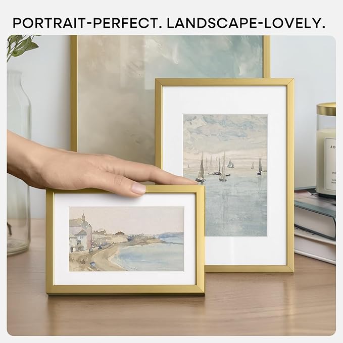 Homeforia 6x8 Picture Frame Gold, High End Metal 6 x 8 Frames with Mat 5 by 7 for Print, Photo Frame 6x8 Gold Matted to 5x7 inches Art, 6by8 Wall or Tabletop Frames, Tempered Glass, Wall Kit, Set of 3