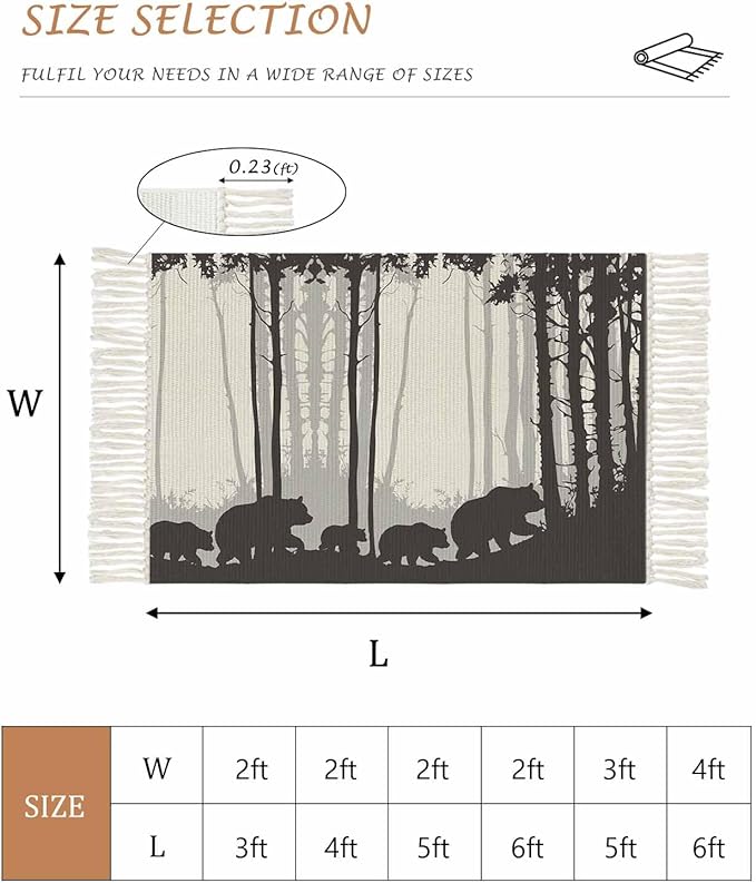 Rustic Bear Kitchen Hallway Runner Rug 2X5 Ft Carpet, Washable Woven Forest Animal Rustic Cabin Throw Carpet with Tassel, Non-Shedding Farmhouse Vintage Nature Scenery Art Entryway Laundry Rugs