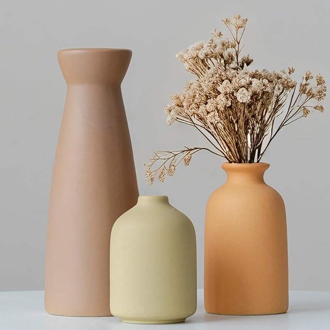 Distressed Ceramic Vase Set of 3, Modern Bohemian Farmhouse Home Decor, Pampas Grass Dried Flowers Vases for Living Room, Dining Room, Bedroom, Kitchen, Bathroom, Office, Entryway (Brown Mix)