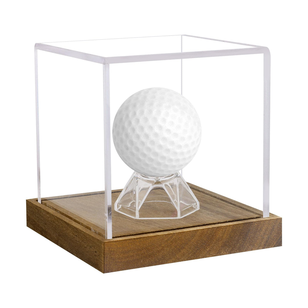 Clear Acrylic Golf Ball Display Case with Wood Base & Acrylic Holder, Memorabilia Stand Cube Holder, Dust Protection Transparent Storage Box for Single Ball Souvenir Golfball Collections