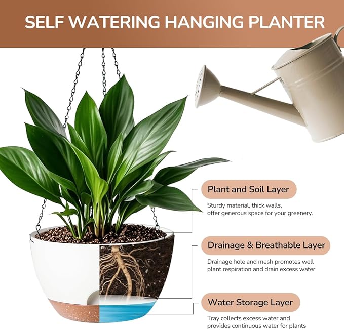 Hanging Planter for Indoor Plants, 10 Inch Self-Watering Hanging Planters with Drainage Holes and Chain, Set of 2 Outdoor Hanging Pots for Garden Home