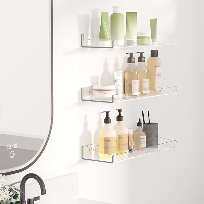 Acrylic Shelves for Bathroom, Clear Floating Shelves for Wall, Wall Organizer Suitable for Bathroom, Bedroom, and Living Room Storage for Make Up,Action Figure,Books -12 Pack