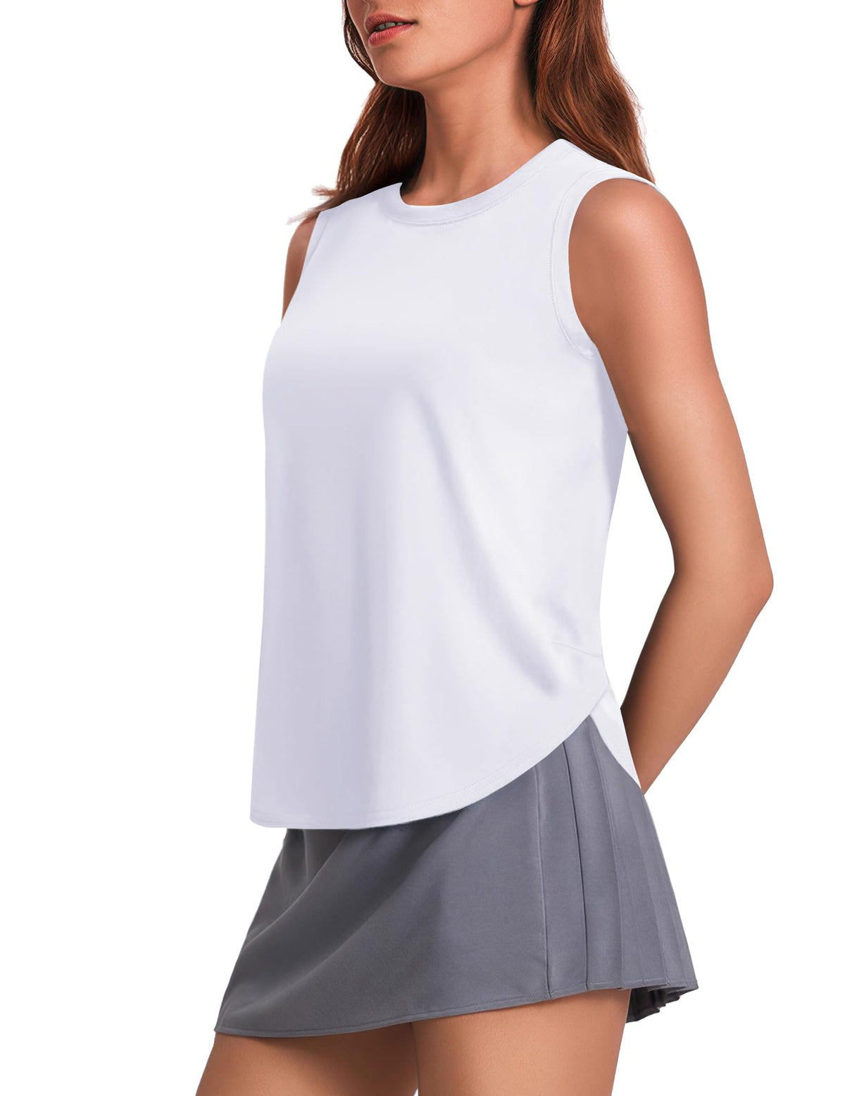 PINSPARK Athletic Tank Tops for Women Moisture Wicking Workout Tanks UPF 50+ Sleeveless Yoga Shirt with Side Slits Loose Fit Gym Top for Running, White Large