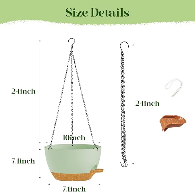10 Inch Hanging Planters with Chains 2 Pack Self Watering Green Brown Plastic Hanging Pots for Indoor Outdoor Plants, Garden Porch Home Decor (Green Brown)