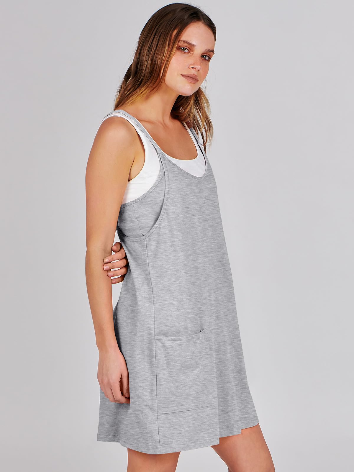 ANRABESS Women Athletic Dress Summer Tennis Workout Active Sports Mini Romper Dress Built in Shorts Travel Vacation Clothes Heather Gray Small