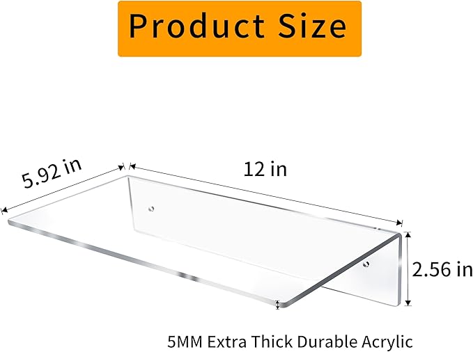 Jansburg 12 Inch L-Shaped Acrylic Floating Shelf Wall Mounted Shelves Invisible 5MM Thick Shelf for Wall Storage Clear Shelves for Makeup Photo Picture Book Record Display 2 Pack