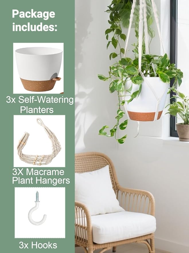 Hanging Planters with Macrame Plant Hangers for Indoor Outdoor Plants 3 Set Self Watering Pots Hanging Baskets Flower Pot Holders 3 Different Size