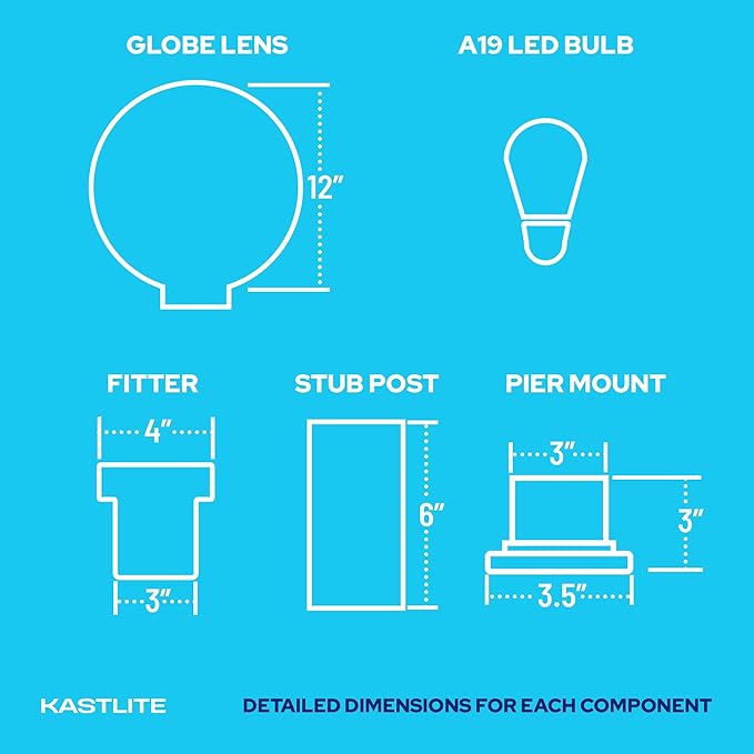 KASTLITE 12" Globe Pier Mount Outdoor Lighting with LED Lamp | UV & Waterproof Pillar & Column Lights | Deck Driveway Yard Patio & Garden Fixture | Made in USA | Clear Cover, Black Basic Base