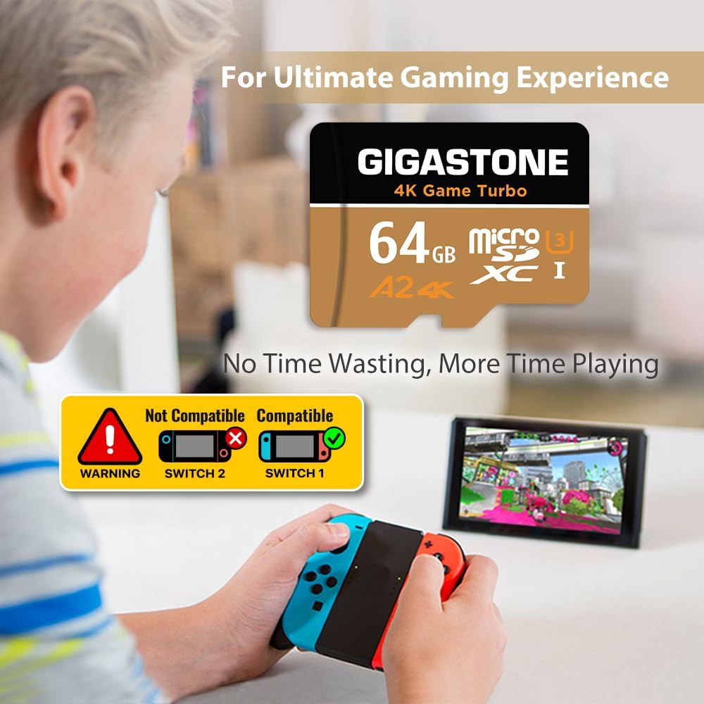 Gigastone 1 64GB 4K 95/35MB/s U3 A2 V30 C105-Years for Switch Only Micro SD Card, Game Turbo, MicroSDXC Memory Card