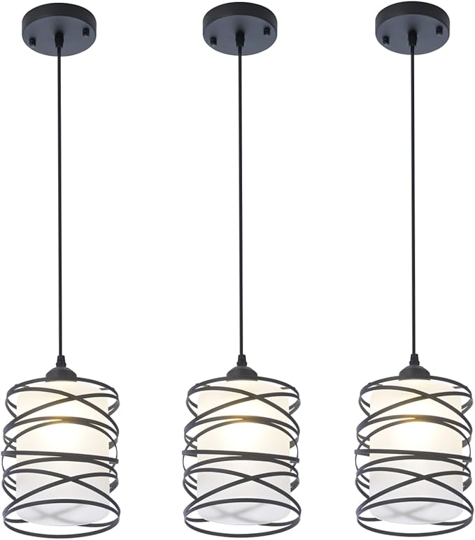 3-Pack Modern Mini Pendant Light Fixture Kitchen Island Pendant Lighting 6.3''Matte Black Spiral Cage and Handblown Frosted Glass Shade Adjustable Cord for Dining Room Hallway Entryway