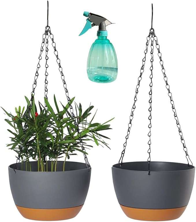 2 Pack Plastic Hanging Planters Set ,8.3 Inch Hanging Flower Plant Pot with Drainage Hole for Indoor Outdoor Plants, Round Hanging Basket with Removable Tray for Home Garden Porch Balcony Patio Decor