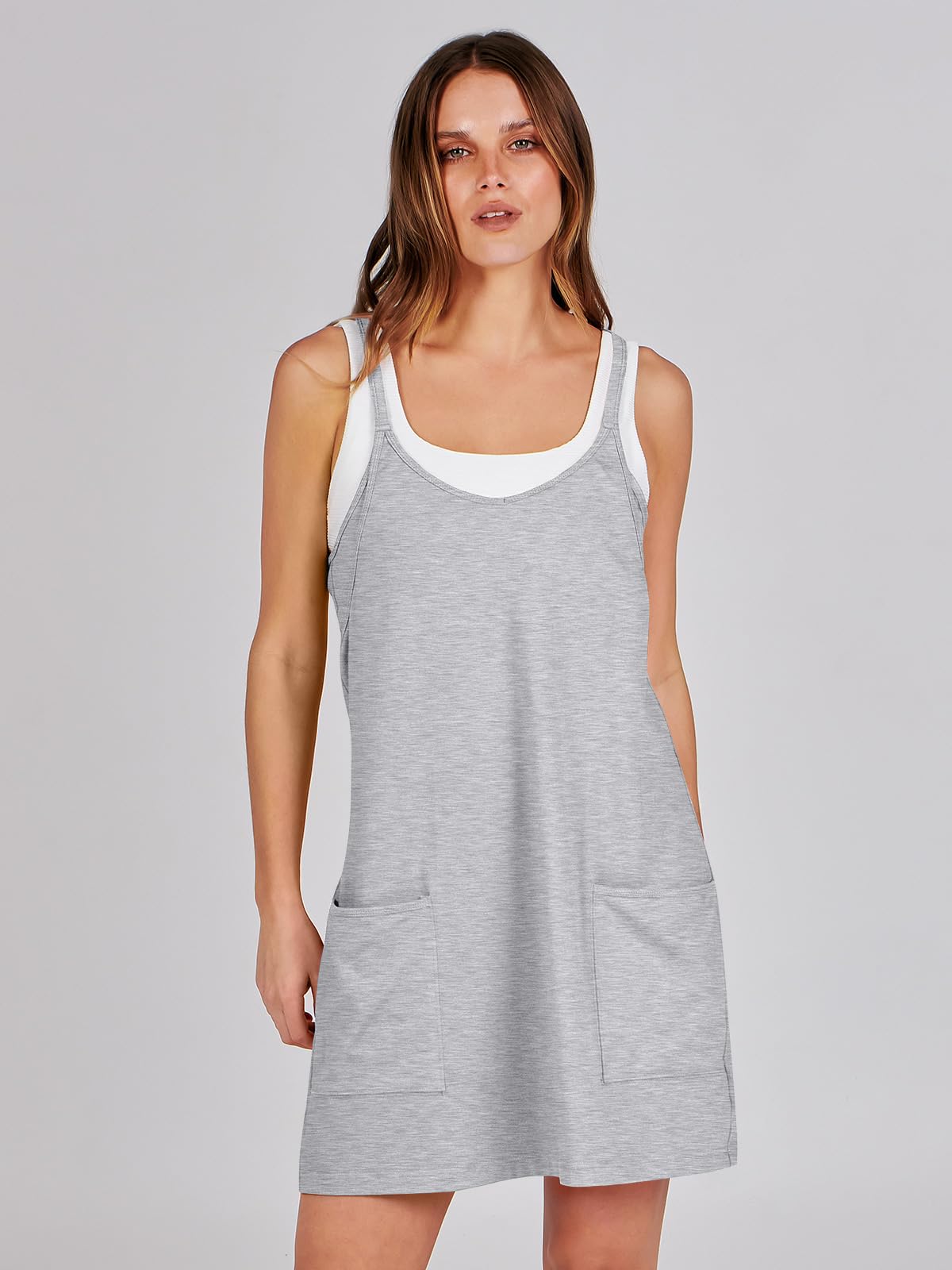 ANRABESS Women Athletic Dress Summer Tennis Workout Active Sports Mini Romper Dress Built in Shorts Travel Vacation Clothes Heather Gray Small