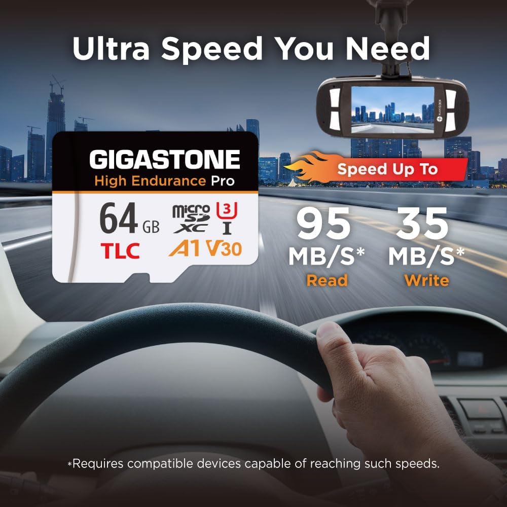 Gigastone 5 64GB 95MB/s, A1 V30 U3 Yrs Free Data RecoveryDash Cam Micro SD Card, TLC High Endurance Pro, Speed Up