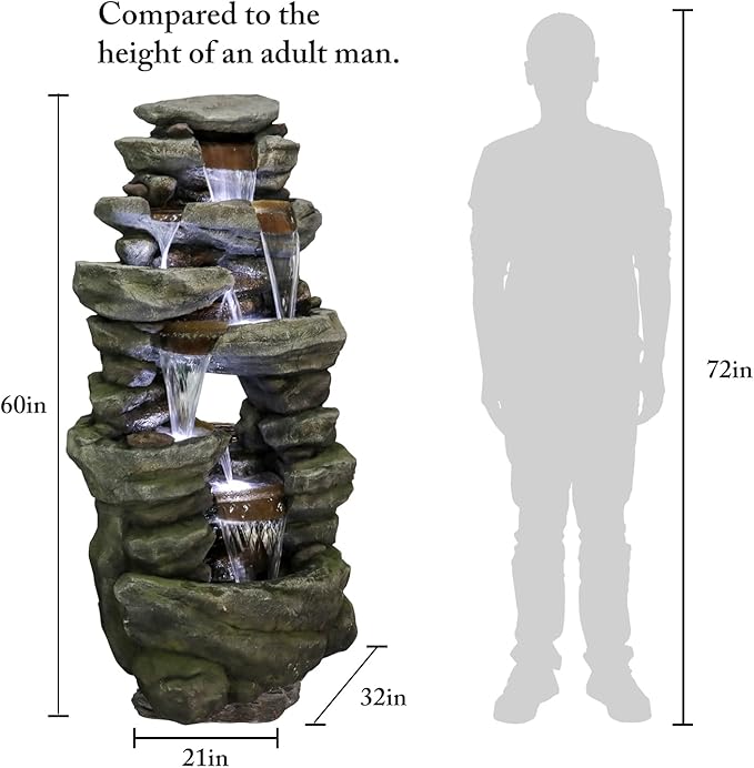 SunJet 60" High 7-Tiers Cascading Rock Outdoor Water Fountain with LED Lights - Large Outdoor Fountains and Waterfalls for Garden or Patio, Yard, and Deck Decor, Featuring Natural Stone Look