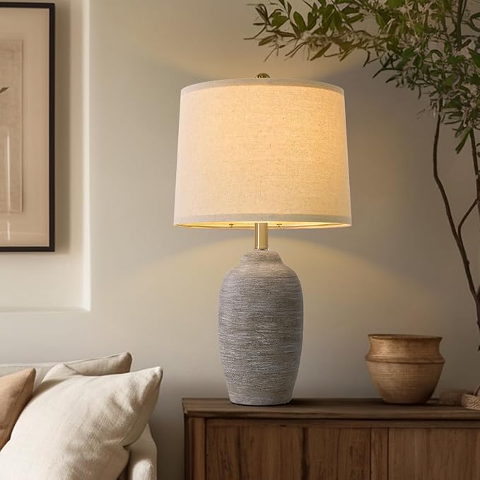 24.5" Handcrafted Ceramic Table Lamp - Single Farmhouse Vintage Rustic Bedside Lighting for Living Room, Bedroom, Entryway | Nightstand & End Table Decor with Linen Shade (Bulb Not Included)