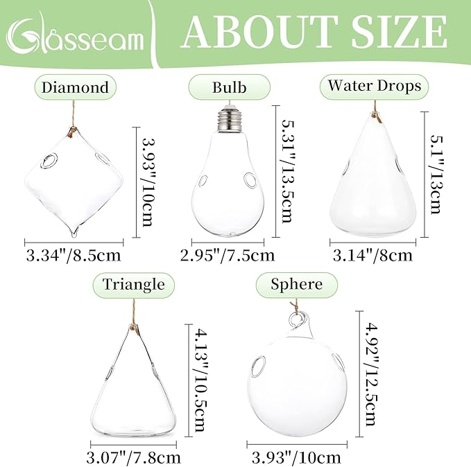 Glasseam Hanging Planters Glass Terrarium: 5Pcs Modern Plant Propagation Stations Hydroponic Wall Vases for Air Plants Flowers Indoor Window Home Decor