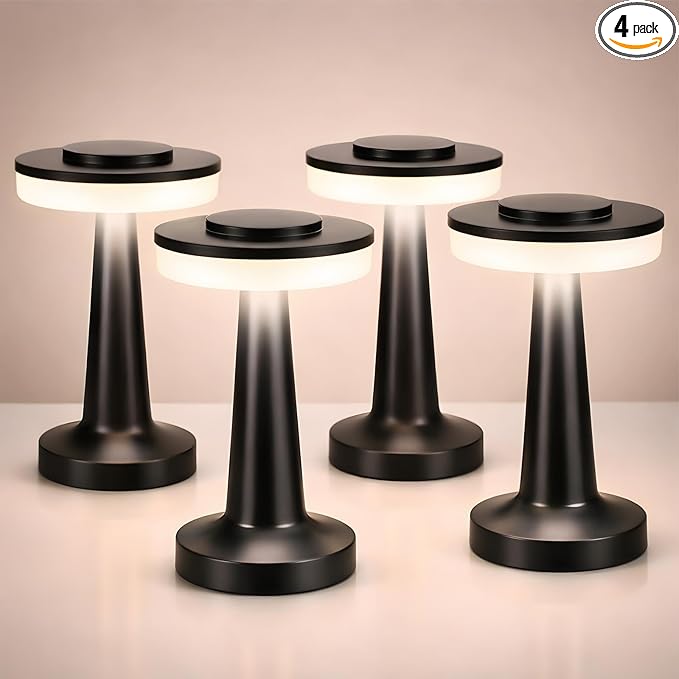Riakrum 4 Pcs LED Portable Cordless Table Lamp with Touch Sensor 3 Color Stepless Dimming Rechargeable Battery up to 15 Hours Cordless Table Light Wireless Lamp for Nursery (Black)
