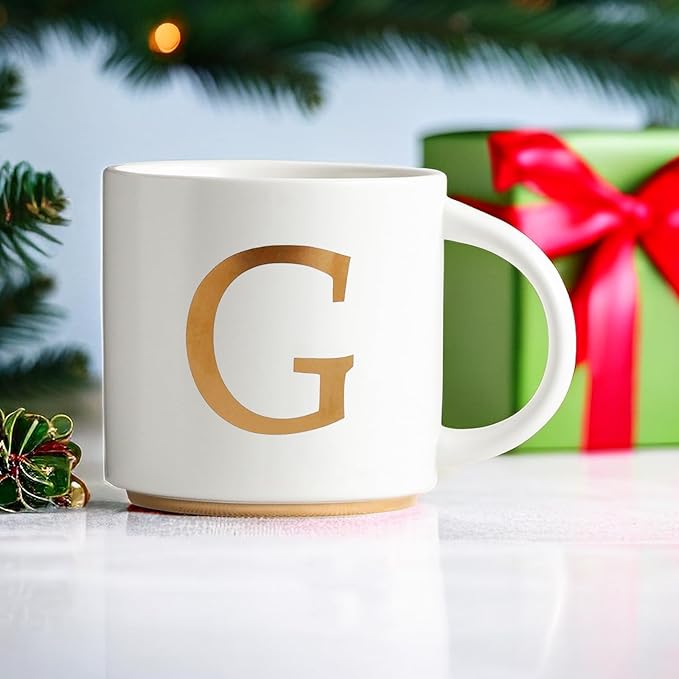 COLLECTIVE HOME - Monogram Ceramic Mugs, 15 oz Golden Initial Coffee Cups, Elegant Alphabet Tea Mugs, Elegant Personalized Mug with Gift Box, Unique Mug with Double Side Capital Letter (G)
