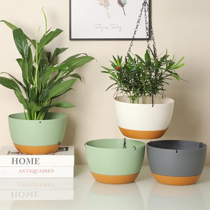 2 Pack Plastic Hanging Planters Set ,10 Inch Hanging Flower Plant Pot with Drainage Hole for Indoor Outdoor Plants, Round Hanging Basket with Removable Tray for Home Garden Porch Balcony Patio Decore
