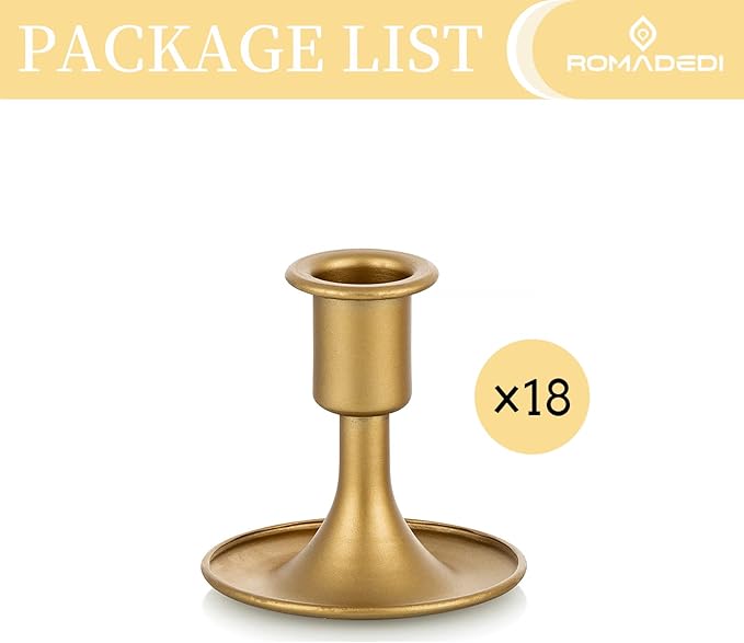 Candlestick Holders Taper Candle Holders, Romadedi Gold Candle Stick Candle Holder for Table Centerpiece, Wedding Reception, Festive Christmas Mantel Decoration or Home Decor, Set of 18