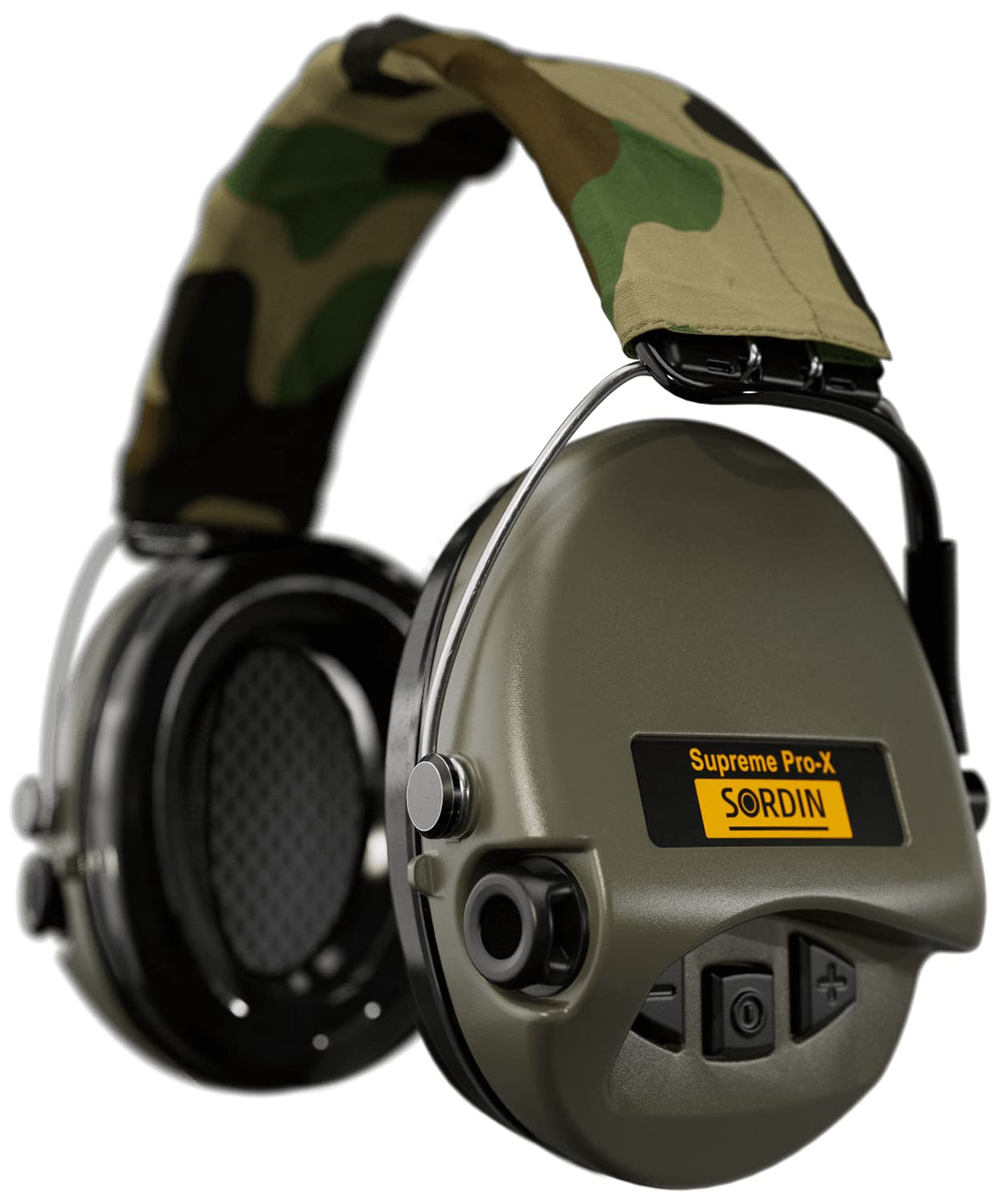 Sordin Pro-X Ear Muffs - 75302-X-G-S - Active and Electronic Ear Defenders w/Camo Headband - Gel Pads - Olive